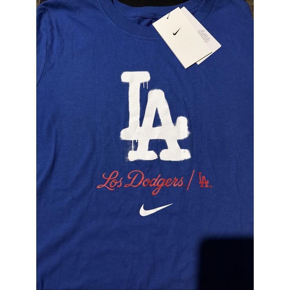 Nike LA Dodgers Blue White Spray Paint Logo T Shirt Women’s Medium Oversized NWT - Picture 12 of 12